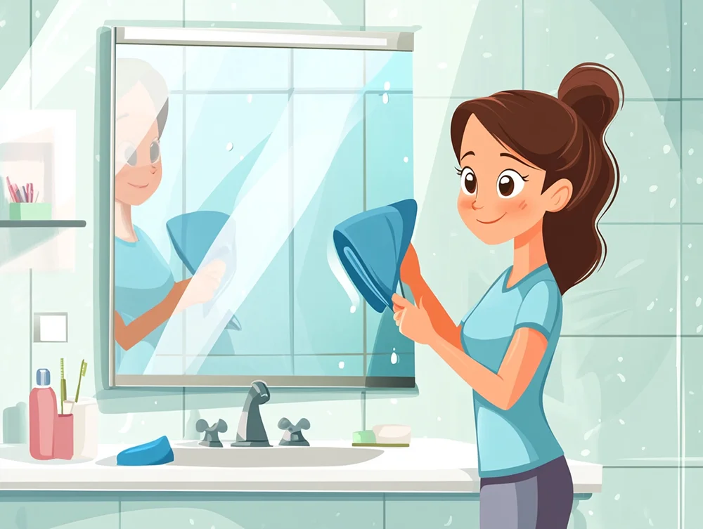 Woman Cleaning Bathroom Mirror