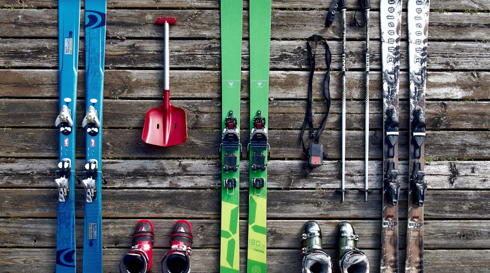Flatlay of skiing equipment